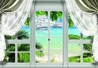 Флізелінові 3д фотошпалери морський пейзаж 416x290 см Вид з великого вікна зі шторами на кораблі (10632VEXXXXL) +клей - вид 1 мініатюра