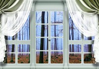 Флизелиновые фотообои природа 416x290 см 3Д Вид из большого окна со шторами на туманный лес (10636VEXXXXL) +клей - вид 1 миниатюра