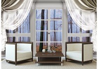 Флізелінові фотошпалери 3Д 254x184 см Вид з великого вікна зі шторами на туманний ліс (10636V4)+клей