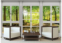 Флизелиновые 3Д фотообои летний пейзаж 254x184 см Вид из большого окна на солнечный лес (10637V4)+клей