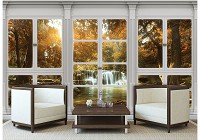 Красивые пейзажи флизелиновые фотообои 3D Осенний водопад вид из большого окна (10638V)+клей