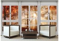 Красиві флізелінові фотошпалери з природою 3d краєвид 416x254 см Осінній ліс із великого вікна (10639VEXXXL) +клей