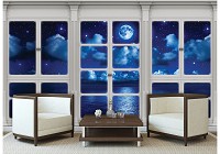 Море 3D флизелиновые фотообои 254x184 см Ночное небо за большим окном (10641V4)+клей