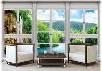 Природа пейзаж флизелиновые фотообои 312x219 см 3D Вид из большого окна на водопад (10642VEXXL) +клей