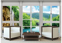 3д флизелиновые фотообои природа 254x184 см Вид из большого окна на водопад (10642V4)+клей