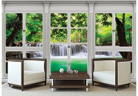 3д природа пейзаж флизелиновые фотообои 460x300 см 3D Вид из большого окна на тропический водопад (10645V12) +клей