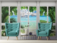 Флизелиновые фотообои лето море корабли 416x254 см 3D Вид из большого окна на парусники (10647VEXXXL) +клей