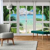 Флизелиновые фотообои парусные яхты 520x318 см 3D Вид из большого окна на парусники (10647VEXXXXXL) +клей