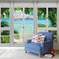 Флизелиновые фотообои море пляж корабли 460x300 см 3D Вид из большого окна на парусники (10647V12) +клей