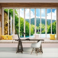 3д флизелиновые фотообои пейзаж природа 520x318 см Вид из большого окна на красивый водопад (10653VEXXXXXL) +клей