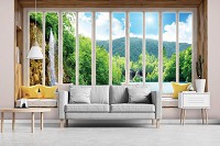 Пейзаж природа флизелиновые фотообои 368x254 см 3D Вид из большого окна на красивый водопад (10653V8) +клей