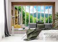 3d флизелиновые фотообои пейзаж природа 312x219 см Вид из большого окна на красивый водопад (10653VEXXL) +клей