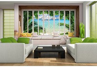 Флизелиновые фотообои пляж в интерьере корабль 312x219 см 3D Вид на парусники из большого окна (10657VEXXL) +клей