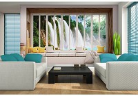 Флизелиновые фотообои с перспективой для кухни 254x184 см 3D Вид из окна на большой водопад (10662V4)+клей