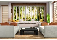 Красивые пейзажи флизелиновые фотообои 254x184 см 3D Вид на зеленый лес из большого окна (10666V4)+клей