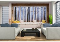 Флизелиновые фотообои в интерьере 3д деревья пейзаж природа 312x219 см Вид из большого окна на лес в тумане (10668VEXXL) +клей