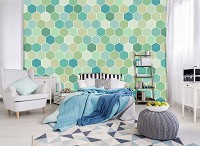 Флизелиновые фотообои абстракция в интерьере соты 520x318 см Зеленые шестиугольники (10696VEXXXXXL) +клей
