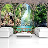 Флизелиновые фотообои природа 368x254 см 3D Море и скалы за аркой с цветами (1071V8)+клей