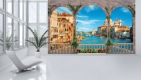Расширяющие пространство флизелиновые фотообои 3д для зала 312x219 см Город Венеция за аркой с цветами+клей