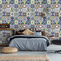 Флизелиновые фотообои в спальню над кроватью 416x290 см Красочные разноцветные плитки (10856VEXXXXL) +клей