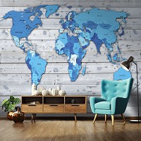 Флизелиновые фото обои синяя карта мира на серых досках 312x219 см (10868VEXXL)+клей