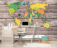 Флизелиновые фото обои под дерево 368x254 см Цветная карта мира на фоне досок (10869V8)+клей