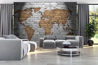Флизелиновые фотообои на кухню 368x254 см Карта мира нарисованная на серых кирпичах (10880V8) +клей