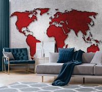 Флизелиновые фотообои имитация бетона 254x184 см Красная карта мира на сером фоне (10893V4)+клей