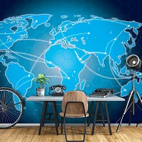 Готовые флизелиновые фотообои 254x184 см Синяя карта мира на сотах (10948V4)+клей