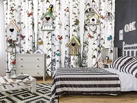 Флизелиновые фотообои в виде дерева 368x254 см Березовый лес с птицами бабочками и скворечниками (10950V8)+клей