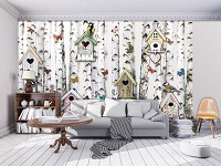 Флизелиновые фотообои природа 312x219 см Березовый лес с птицами бабочками и скворечниками (10950VEXXL)+клей