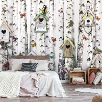 Флизелиновые фотообои деревья 416x254 см Березовый лес с птицами бабочками и скворечниками+клей