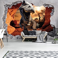 Флизелиновые 3д фотообои в интерьере 520x318 см Динозавр за стеной (11033VEXXXXXL) +клей