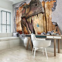Флизелиновые 3d фото обои природа 416x254 см Динозавр за стеной (11036VEXXXL)+клей