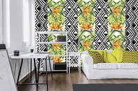 Флізелінові фотошпалери квіти в інтер'єрі 416x290 см Мозаїка з листя на чорному тлі (11059VEXXXXL) +клей