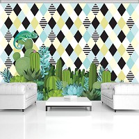 Флизелиновые фотообои в стиле модерн цветы 312x219 см Хамелеон на кактусах на фоне ромбов (11086VEXXL) +клей