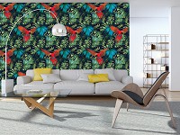 Птахи флізелінові фотошпалери на стіні 416x254 см Папуга на тлі зелених джунглів (11088VEXXXL) +клей