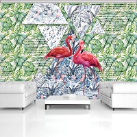 Флизелиновые фотообои в стиле модерн птицы 416x254 см Два Фламинго на фоне геометрии и листьев (11089VEXXXL) +клей