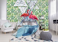 Современные флизелиновые фотообои птицы 416x290 см Два Фламинго на фоне геометрии и листьев (11089VEXXXXL) +клей