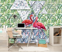 Флизелиновые фотообои зелень птицы 368x254 см Два Фламинго на фоне геометрии и листьев (11089V8) +клей
