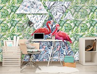 Флизелиновые фотообои в треугольник птицы 312x219 см Два Фламинго на фоне геометрии и листьев (11089VEXXL) +клей