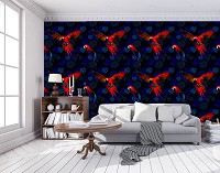 Современные флизелиновые фотообои птицы 416x254 см Попугай на фоне темно синих джунглей (11090VEXXXL) +клей