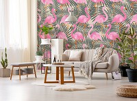 Флизелиновые фотообои абстракция на стену птицы 460x300 см Фламинго на фоне банановых листьев (11142V12) +клей