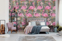 Флизелиновые фотообои птицы на стену 312x219 см Фламинго на фоне банановых листьев (11142VEXXL) +клей