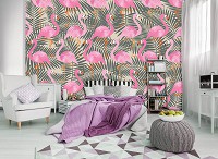 Флизелиновые фотообои абстракция птицы 416x254 см Фламинго на фоне банановых листьев (11142VEXXXL) +клей