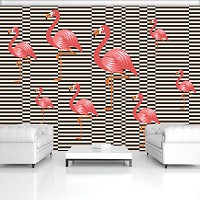 Абстракция флизелиновые фотообои птицы 416x254 см Фламинго на черно белом фоне линий (11143VEXXXL) +клей