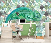 Флизелиновые фотообои абстракция в интерьере 416x254 см Зеленый хамелеон на кактусе на фоне ромбов (11144VEXXXL) +клей