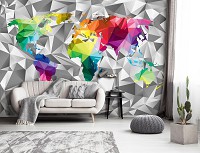 Флізелінові фотошпалери з геометричними фігурами 368x254 см Барвиста карта світу на сірий фон (11189V8) +клей