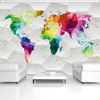 Флізелінові 3д фотошпалери для кухні 312x219 см Барвиста карта світу на сірий фон (11190VEXXL) +клей