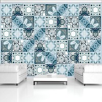 Флизелиновые фотообои абстракция в интерьере 416x254 см Светло синяя плитка в узорах (11219VEXXXL) +клей